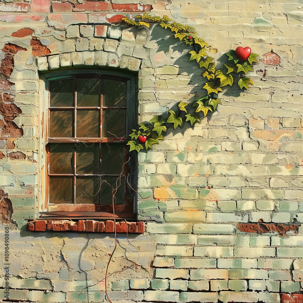 Poster a window with ivy growing out of it and two red hearts on it