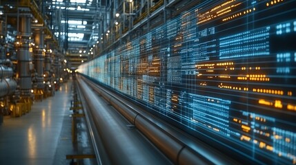 Fototapeta premium In a cutting-edge manufacturing plant, intricate streams of digital information illuminate the walls, reflecting advanced industrial technology in action