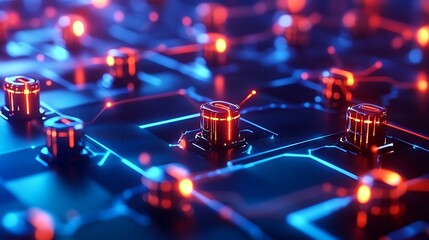 Abstract representation of a circuit board with glowing elements and connections.