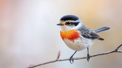 Fototapeta premium A small bird with a red breast and a black and white streaked belly perched on a thin twig against a blank canvas like backdrop.