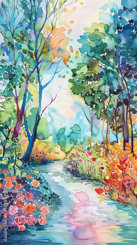 Poster a painting of a forest with a path. the path is lined with flowers and trees. the painting is very c