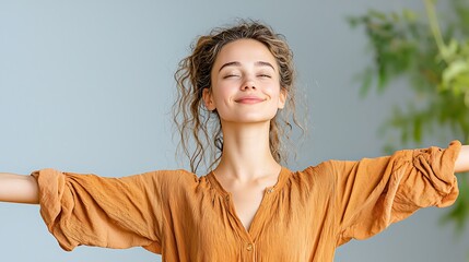 The image shows a woman standing with her back to the camera, her arms outstretched to either side in a pose that conveys a sense of freedom and liberation.