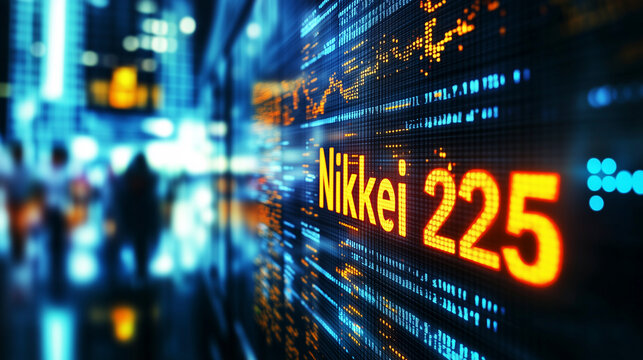 Gelbe Leuchtreklame Nikkei 225 - B&ouml;rsenhandel in Japan, Darstellung Nikkei 225 Aktienindex auf gro&szlig;em Monitor, B&ouml;rsenhandel der 225 bedeutendsten Unternehmen an der Tokioter B&ouml;rse