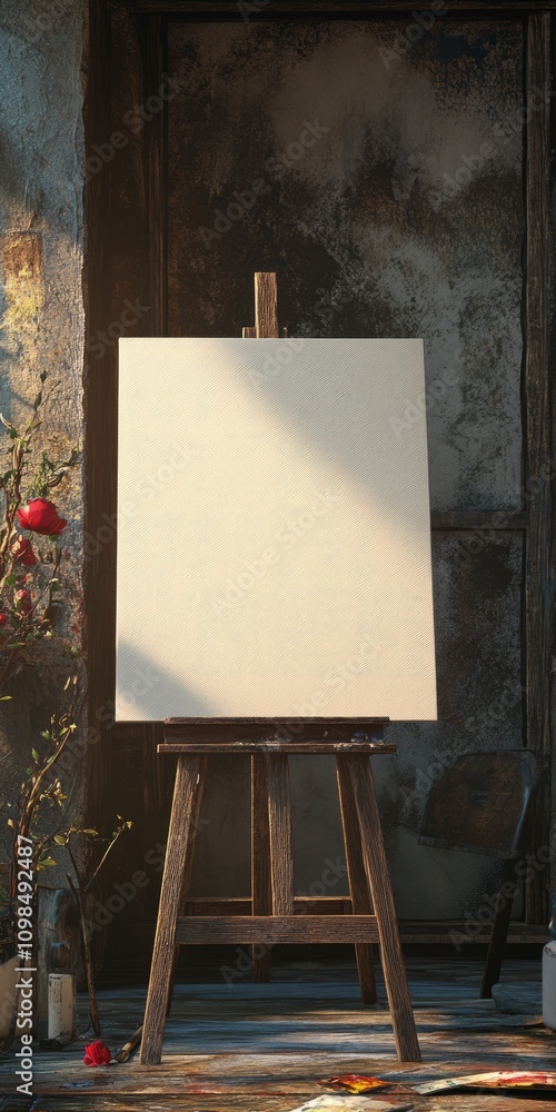 Poster empty canvas on an easel in a rustic studio setting, illuminated by natural light, ready for artisti