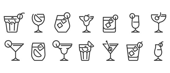Drink glass icons of various shapes and uses. Classic alcoholic cocktail and cocktail glass thin line icon set. Vector illustration. Collection of symbols in transparent background. Editable stroke.