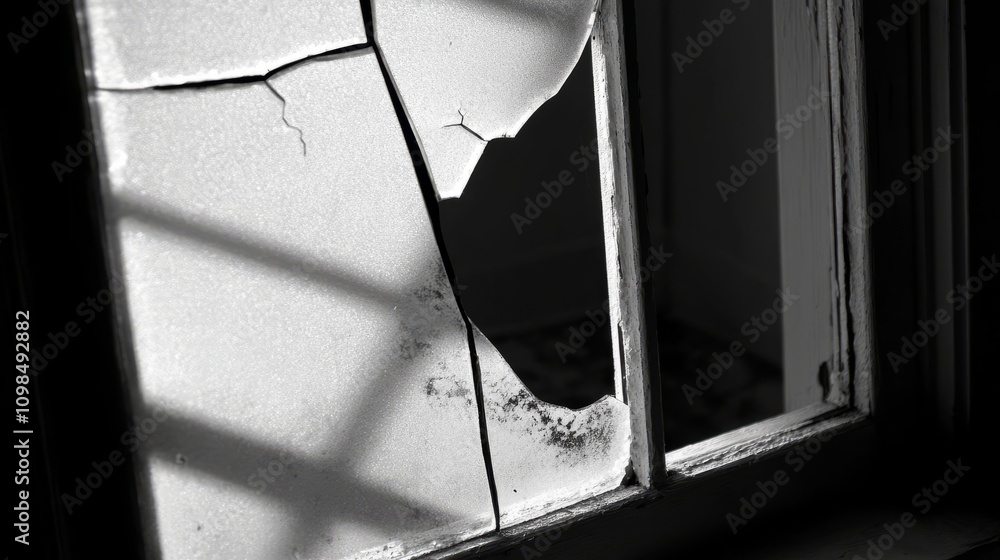 Poster a window with a large crack in it, letting in a lot of light. the light casts a shadow on the floor