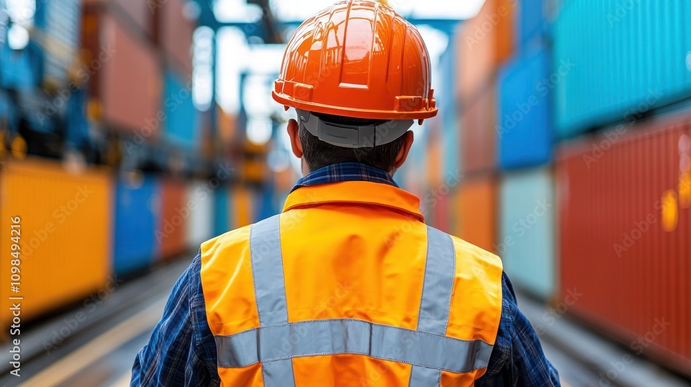 Poster worker wearing a hardhat and vest standing in front of colorful shipping containers.