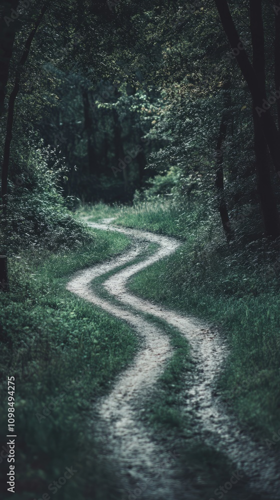 Poster a path in the woods is shown in the image. the path is narrow and winding, and it is surrounded by t