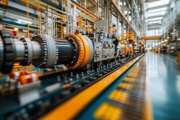 Fototapeta premium A close-up view of a sophisticated manufacturing line in a clean, well-lit industrial facility.