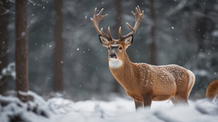 Obraz premium A serene image of winter wildlife, such as deer in a snowy forest.