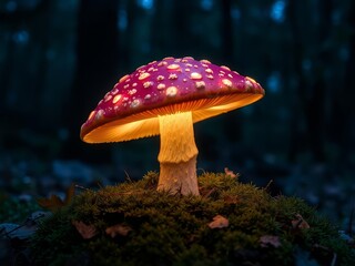 Fototapeta premium A neon mushroom sculpture in a dark forest setting