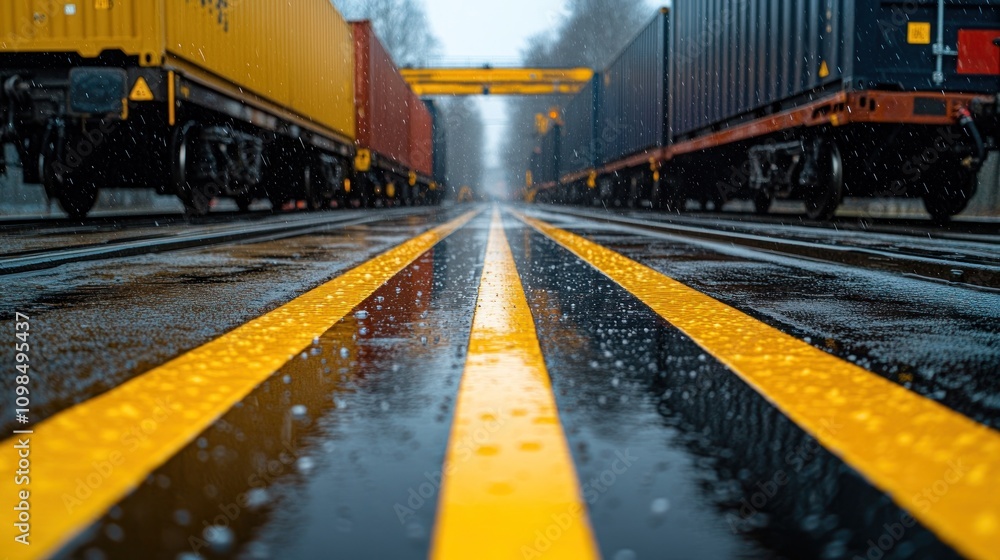 Poster yellow lines on a wet railway platform with a train of cargo containers in the background.