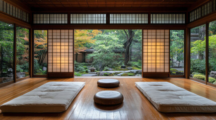 Fototapeta premium Japanese garden view from a traditional window