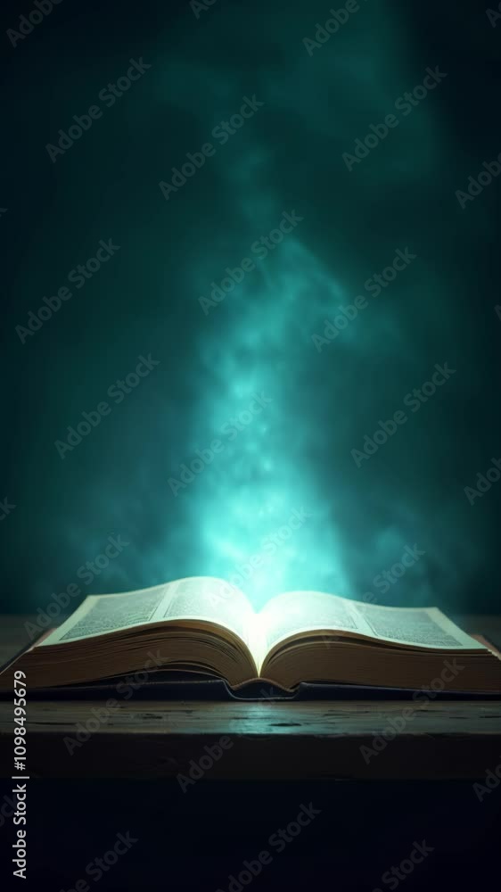 Poster Mystery open book with shining light fantasy book with magic light and stars on a table with teal background