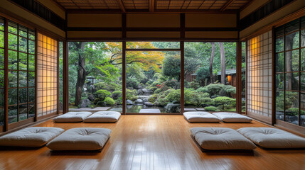 Fototapeta premium Japanese garden view from a traditional window