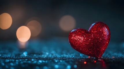 Obraz premium Red glitter heart on sparkling surface with bokeh background.