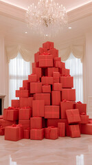 Fototapeta premium Large Massive Red Gift Boxes Standing Tall | Festive Holiday Scene with Decorative Ribbons | Perfect for Christmas, Birthdays, or Special Occasions