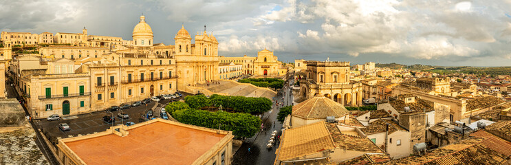 Widescreen panorama of beautiful baroque houses in Noto on Sicily