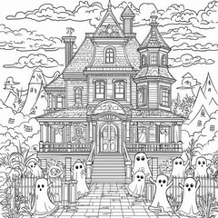 Fototapeta premium A haunted house filled with friendly ghosts, anime coloring page for kids, simple outline illustration. Coloring book, simple lines.