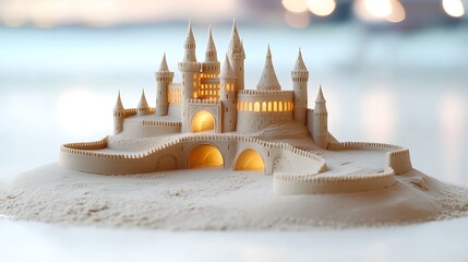 The sand castle sculpture is a magnificent and intricate creation, featuring intricate details such as turrets, bridges