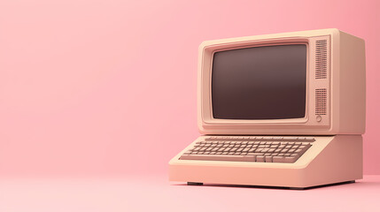 Old computer on a pink background, in a retro futurism style. Futurism. Illustration