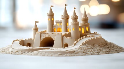The sand castle sculpture is a magnificent and intricate creation, featuring intricate details such as turrets, bridges