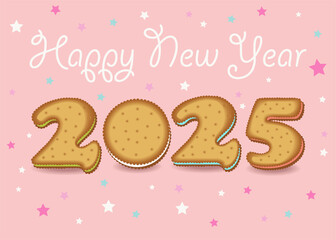 Happy New Year 2025 Cream-Filled Cookie Number. A festive illustration of a cream-filled cookie number 2025 on a pink background with stars and white cream inscription. Perfect for New Year's greeting