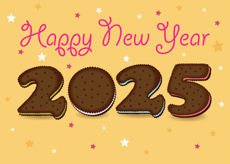 Happy New Year 2025. A festive illustration of a brown number 2025 made of chocolate cookies with colorful cream on a yellow background with confetti. The pink cream greeting text Happy New Year. 