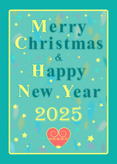 A festive retro greeting card celebrating Christmas and the new year 2025. The text is blue, the number is yellow, and the heart is red. The background is green with stars and watercolor blurs. 
