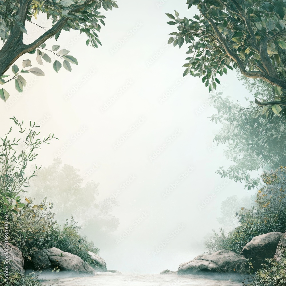 Poster a forest with a path between two trees. the path is covered in rocks. the sky is cloudy and the tree