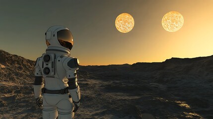 Astronaut gazing at a dual-sun landscape on an alien planet.