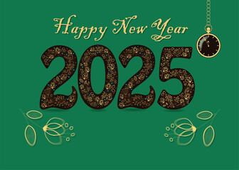 Happy New Year 2025 with golden floral decor. Graceful flowers and hearts, yellow text. Two big flowers frame the number, and there is a place for custom text. A pocket golden watch shows five to 12