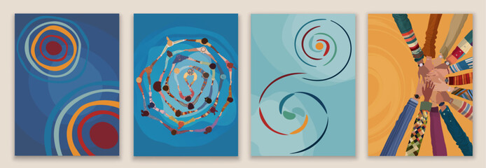 Volunteer multicultural people group concept. Editable set template poster banner leaflet web page. People of diverse culture in circle top view. Aid. NGO. Help and assistance. Workgroup