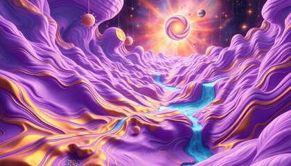 Fototapeta premium Abstract cosmic dreamscape, vibrant purple and gold