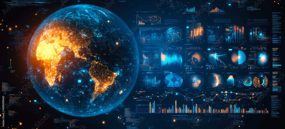 Poster data visualization of earth with statistical graphs and global analytics