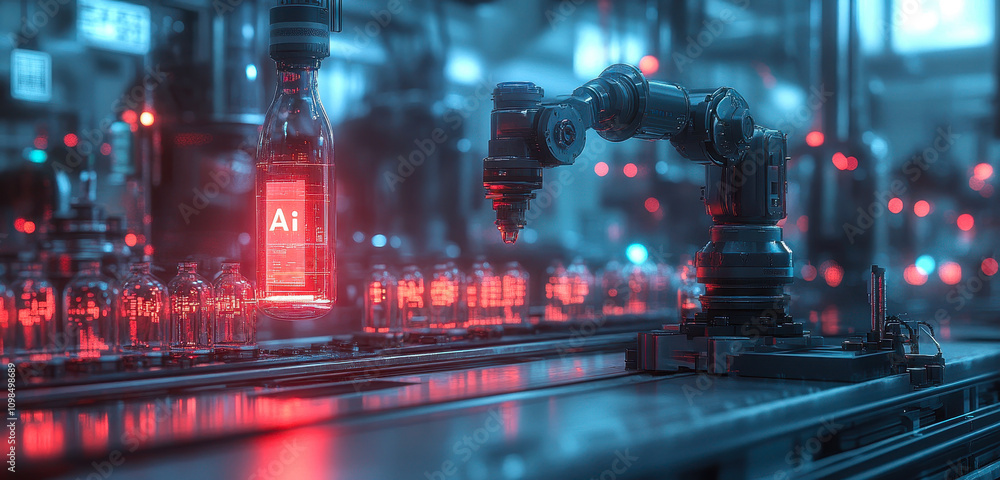 Poster ai-driven smart factory automation with robotic arms and industrial revolution 4.0