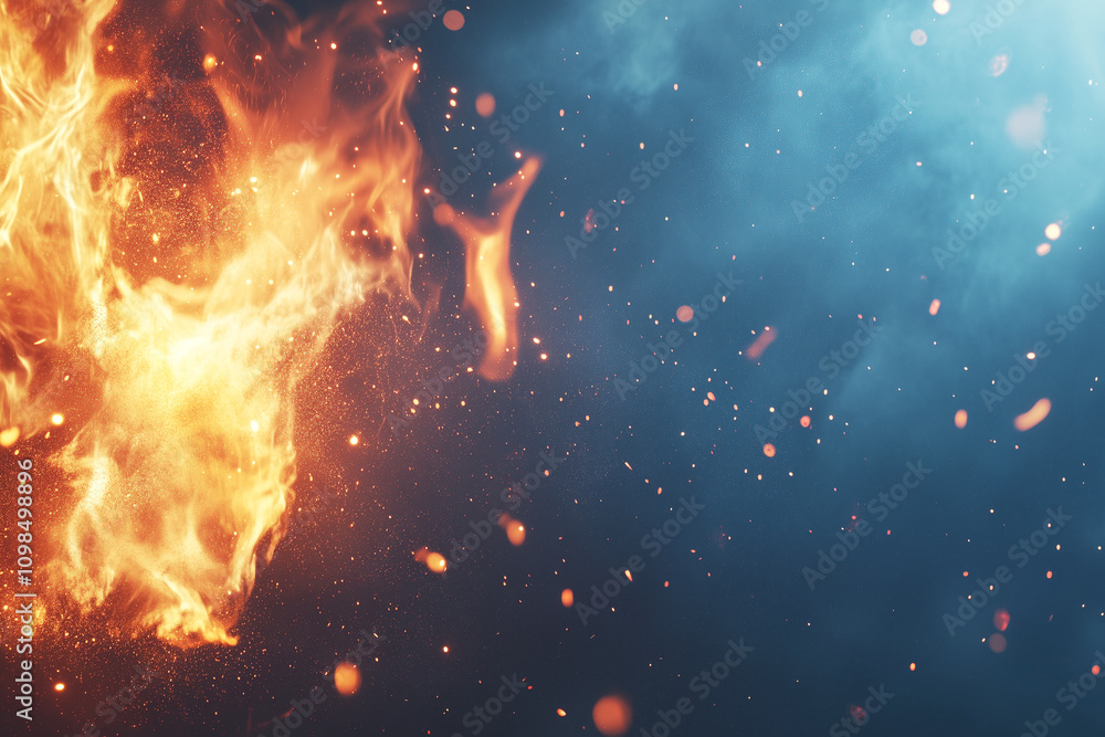 Poster fiery flames dancing against a dark background with sparkles and smoke creating an enigmatic visual 