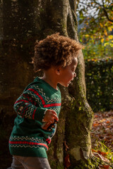 A toddler playing hide and seek behind a tree trunk. Bright and warm colours with golden sunlight. Multi ethnic boy.   