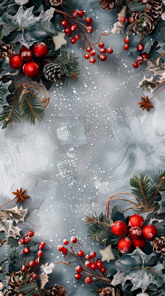 Poster a christmas tree with red berries and pine cones. the tree is surrounded by a white background. ther
