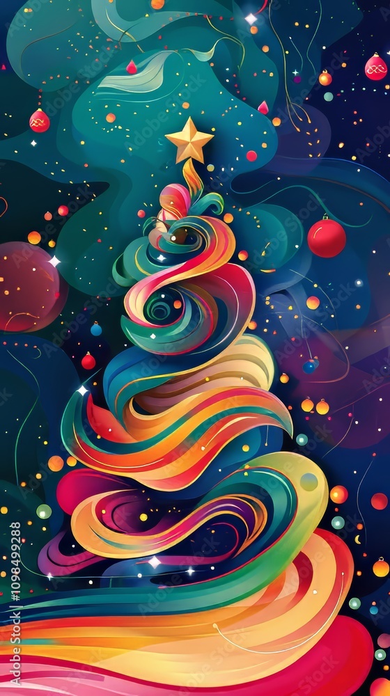 Poster a colorful christmas tree with a star on top. the tree is surrounded by many colorful lights. the tr