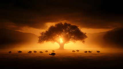 Group of Wild Turkeys Grazing in an Autumn Field | Earthy Tones with Colourful Foliage | Rustic Wildlife Scene in a Seasonal Countryside Setting