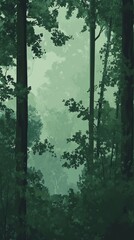 A misty green forest with tall trees creating a frame for the view.