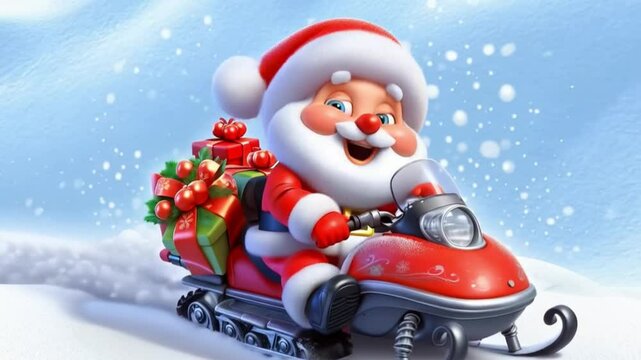 Cute animation of santa claus in snowy landscape on a snowmobile. Christmas Celebration Time