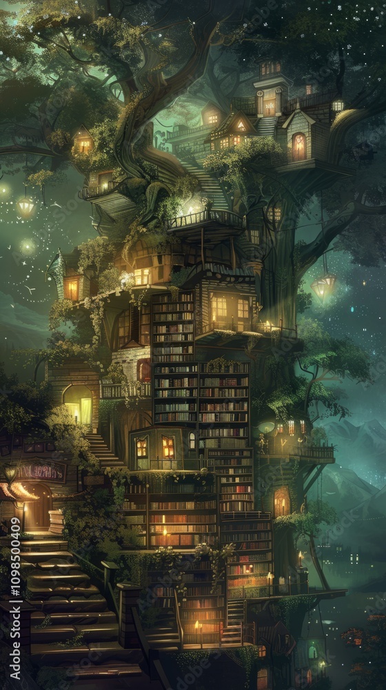 Poster a whimsical treehouse library illuminated by lanterns, nestled in a magical forest under a starlit s