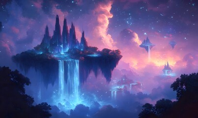 Illustrate a surreal dreamscape with floating islands, impossible structures