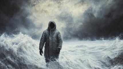 Fototapeta premium A lone figure wrapped in protective clothing stands against the storm. High-quality, striking, adventurous.