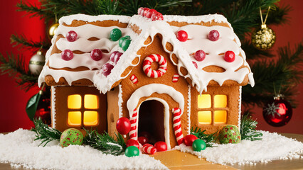 Festive gingerbread house with candy and icing decorations
