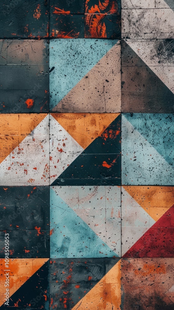 Poster a colorful abstract geometric pattern on a weathered surface, perfect for modern artistic background