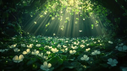 Enchanting forest canopy illuminated by sunlight with clover field. Happy St. Patrick's Day. Saint Patrick
