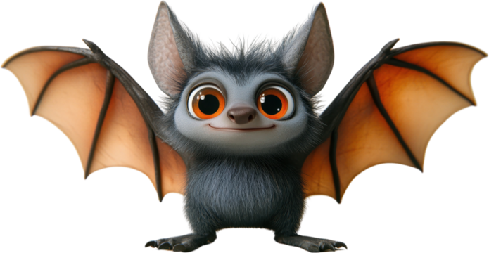 Cute cartoon bat character with big eyes and playful expression ready for adventure in a whimsical world, transparent background, png - Powered by Adobe